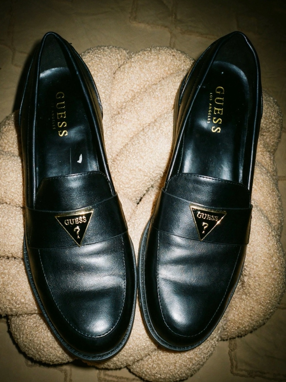 Almost New- GUESS Black Leather women Slip-On Loafers with Gold Triangle Logo